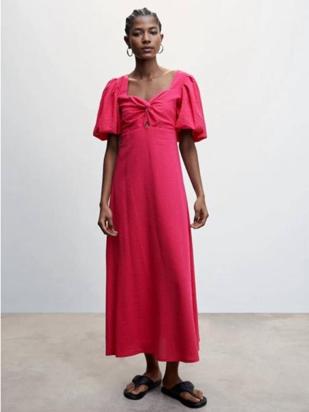 Mango pink puffed sleeves twist front midi texture dress